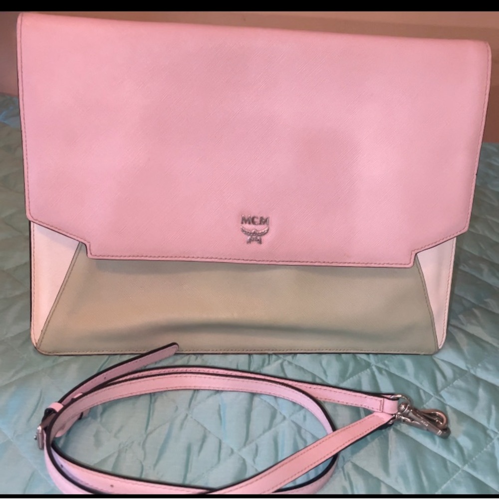 MCM Elda Envelope Pink Green & Cream clutch/shoulder Bag EUC colorblock slim